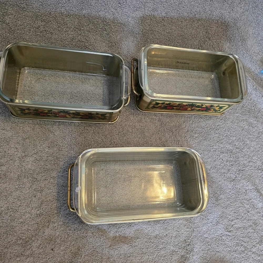 3 Vintage PYREX 213 Glass Loaf Pan & 1981 Teleflora Tin Metal Holder USA England